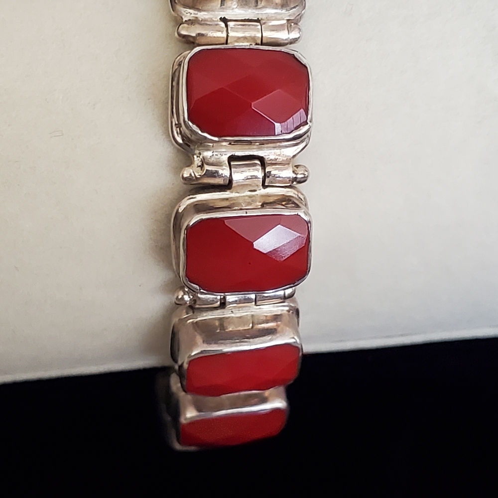 Red Faceted Stone Silver Link Bracelet - Women Jewelry